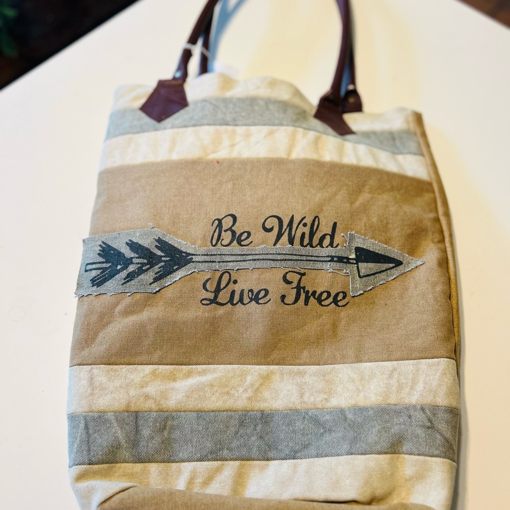 Primitive Brown, Grey and White Striped Canvas Tote NWT